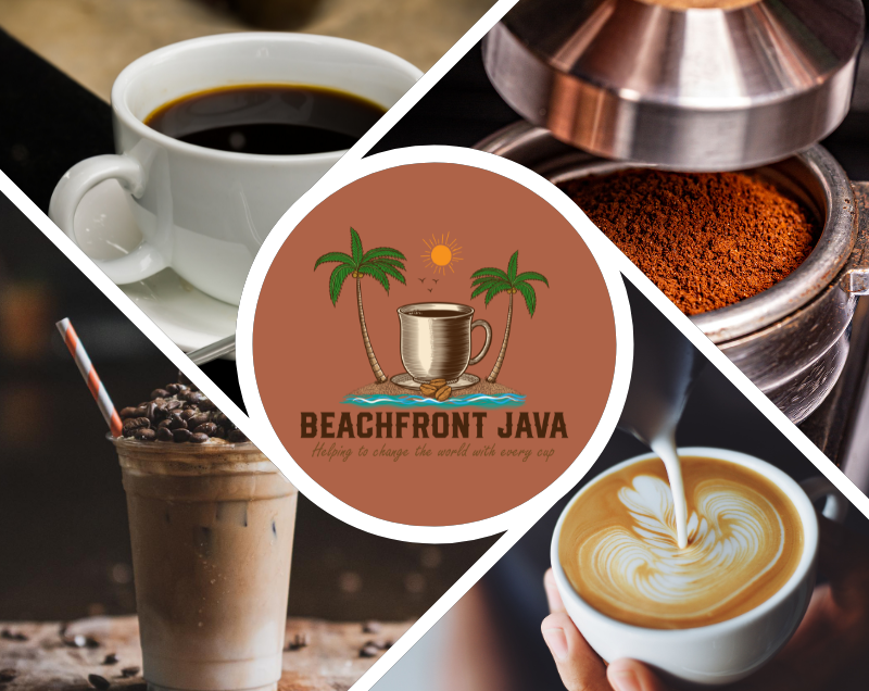 Collage of pictures of different coffee preparations both hot and iced, and the beachfront java logo in the center 