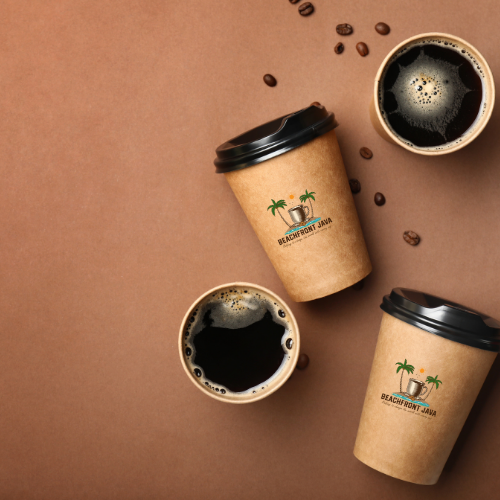 Picture of paper coffee cups with the Beachfront Java logo